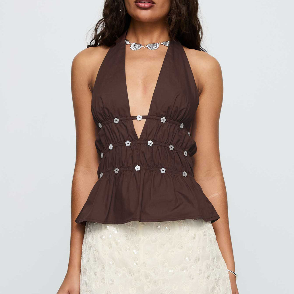 's Nail Deep V Plunge Halterneck Vest Cutout Backless Top