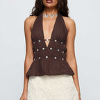 's Nail Deep V Plunge Halterneck Vest Cutout Backless Top