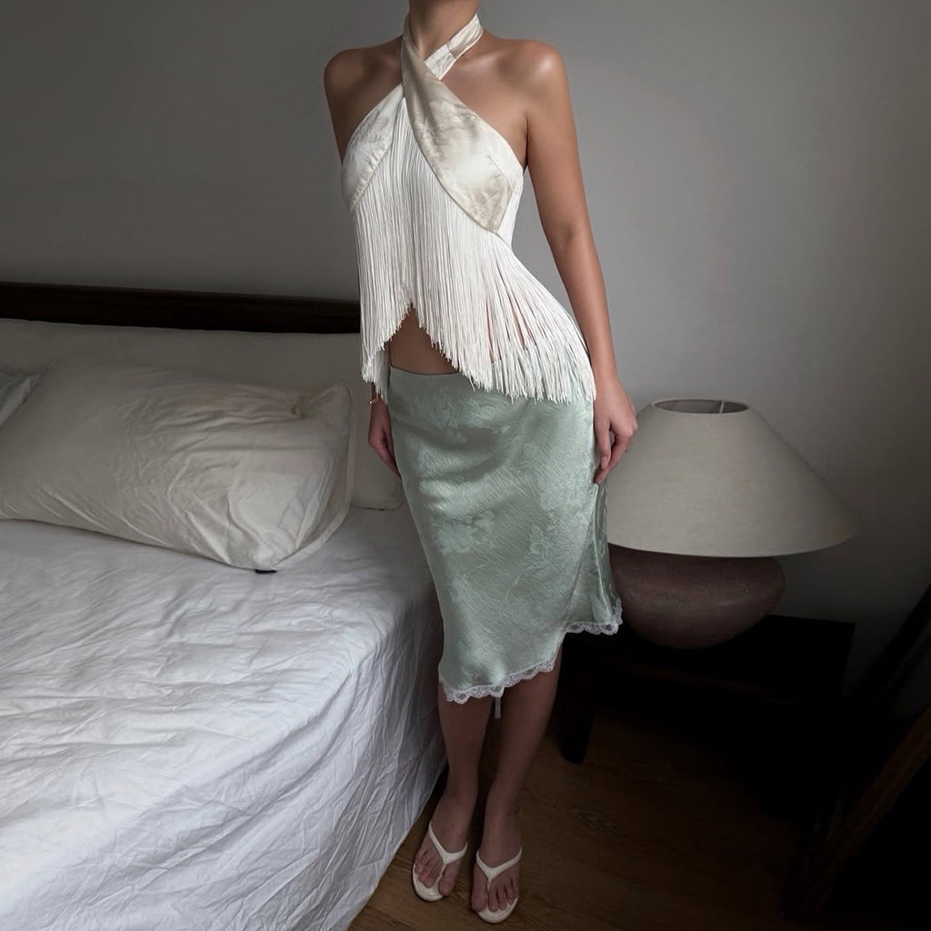 Women's Summer Tassel Design High End Draping Effect Elegant Slimming Top Women