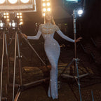 Sequin Lace Stand-Collar Long-Sleeve Bodycon Maxi Dress