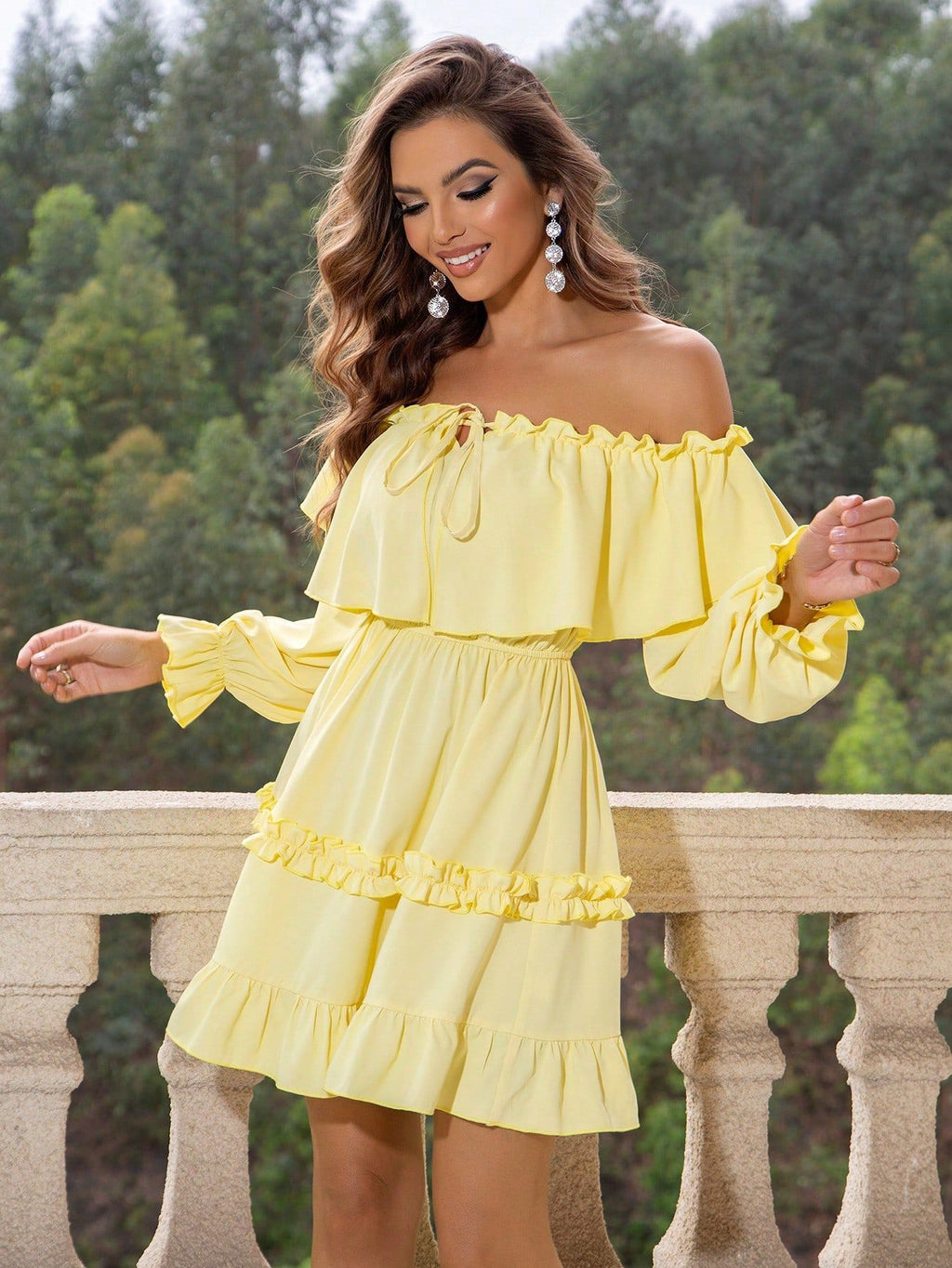Women's Solid Color Off The Shoulder Tied Lotus Leaf Dress