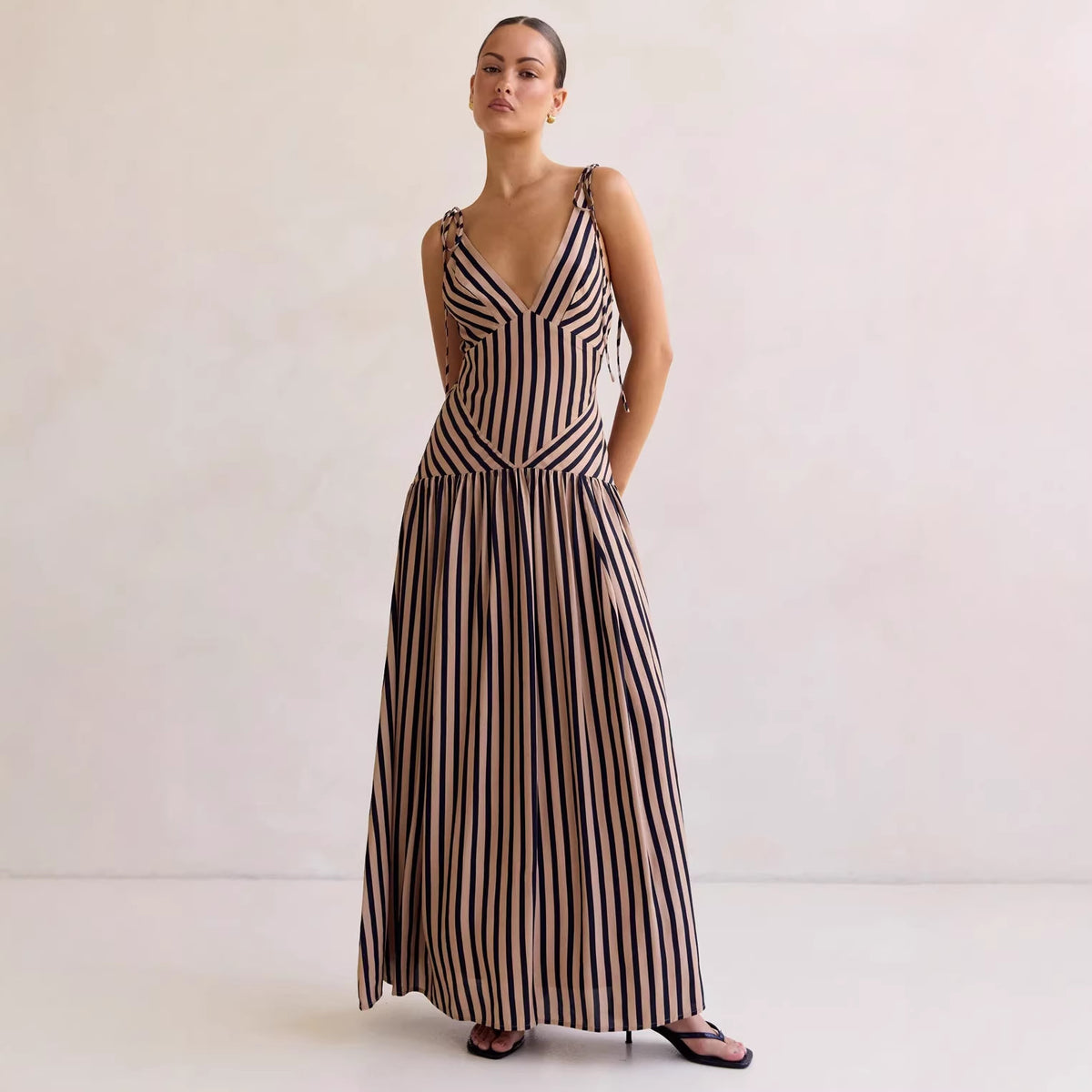 Women's Striped Printed Lace up Fashionable V neck Midi Dress