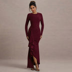 Women's Crew-Neck Ruched Ruffle Asymmetric Maxi Dress