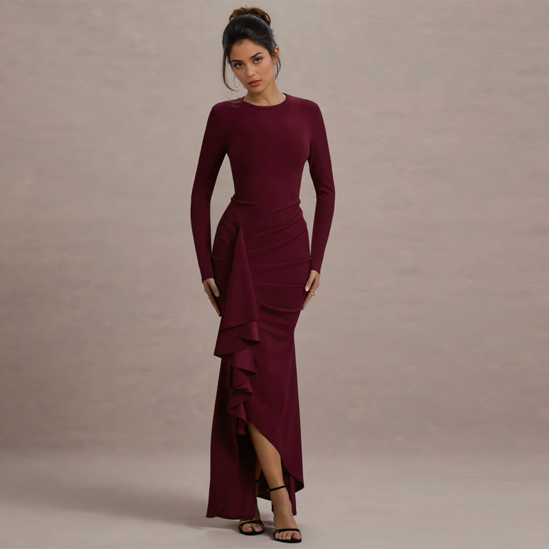 Women's Crew-Neck Ruched Ruffle Asymmetric Maxi Dress