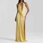 Women's Backless Halter Ruched Maxi Dress