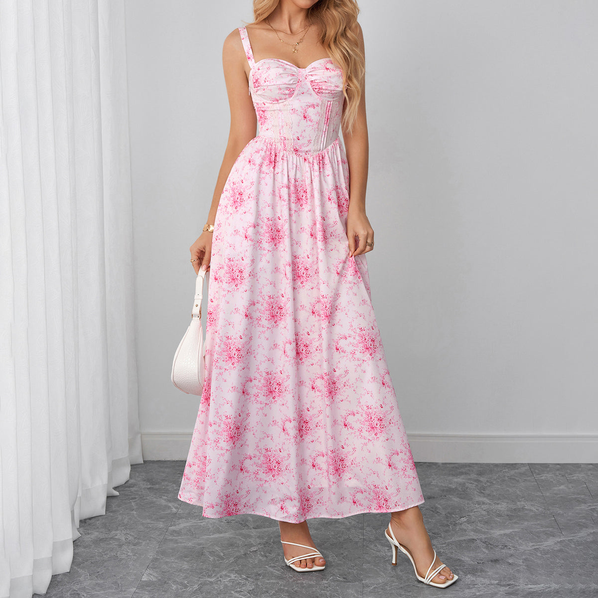 Summer Suspenders Dress Printed Backless Low Cut Waist Vacation Dress