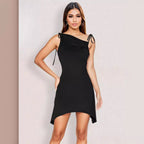 Backless Irregular Asymmetric Pleated Straps Diagonal Collar Dress