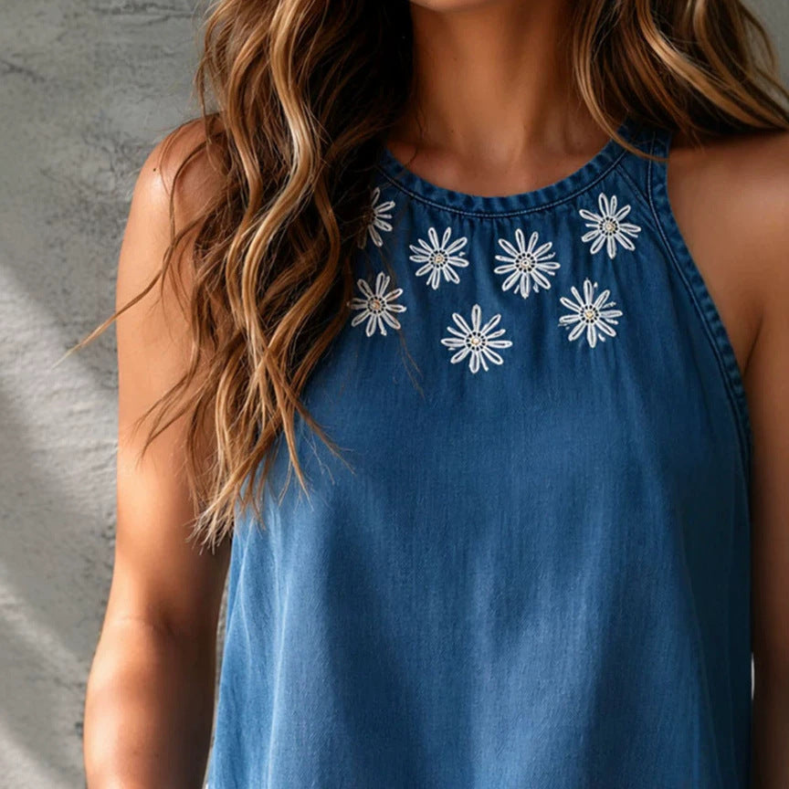 Pattern Summer Sleeveless round Neck Printed Imitation Denim