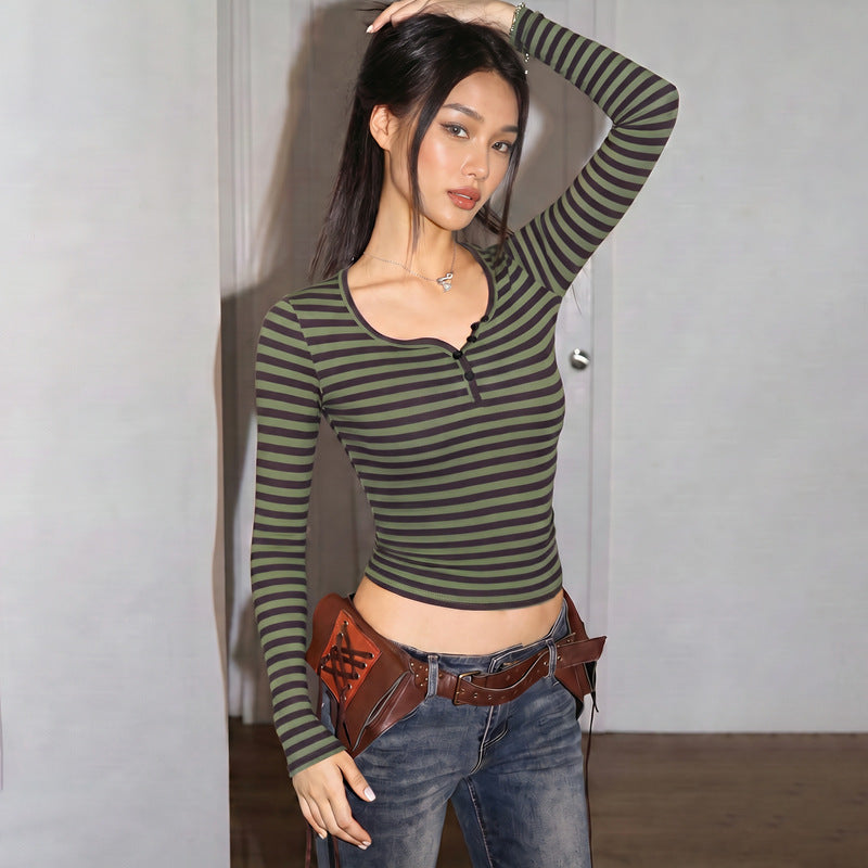 Women's Striped Contrast Long-Sleeve Top