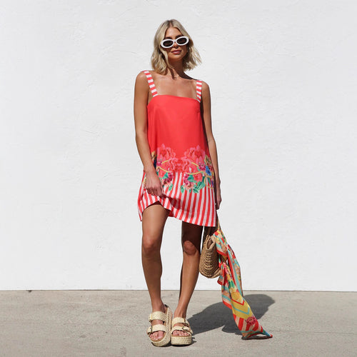 Suspender Skirt Positioning Printing A Swing Mini Suspender Dress for Women