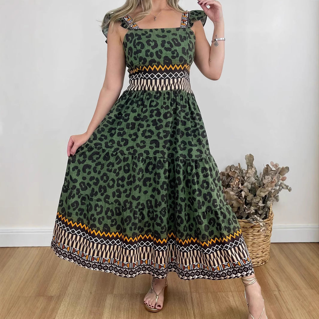 Women's Printed Ruffle Sleeve A Line Dress