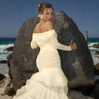 Apricot pleated long-sleeve off-shoulder dress with cascading tiered ruffles