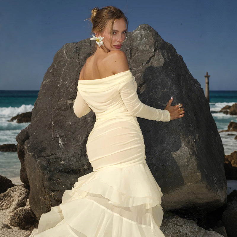 Apricot pleated long-sleeve off-shoulder dress with cascading tiered ruffles