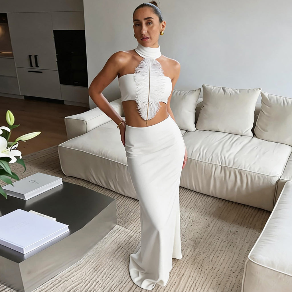 Summer Women Irregular Asymmetric Turtleneck Patchwork Feather Tube Top Sexy Sheath Skirt Sets