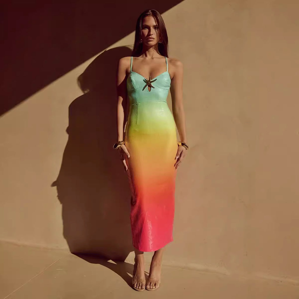 Women's V-Neck Ombre Sequin Split Maxi Dress