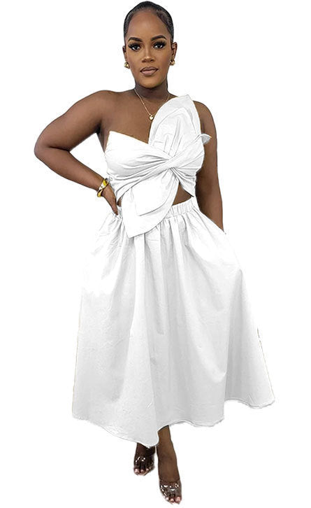 White sleeveless midi dress with front twist knot bodice and flared skirt