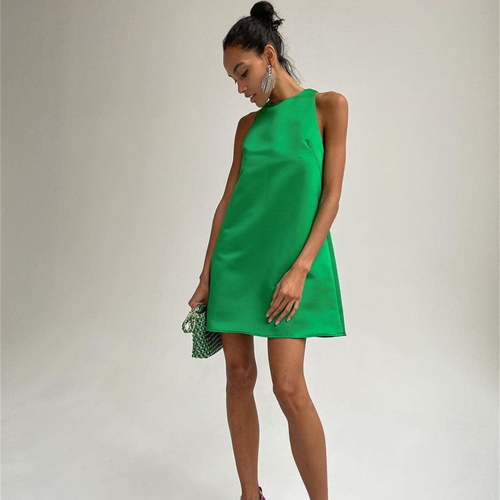 Spring Summer Satin Dress round Neck Sleeveless A-Line Party Dance