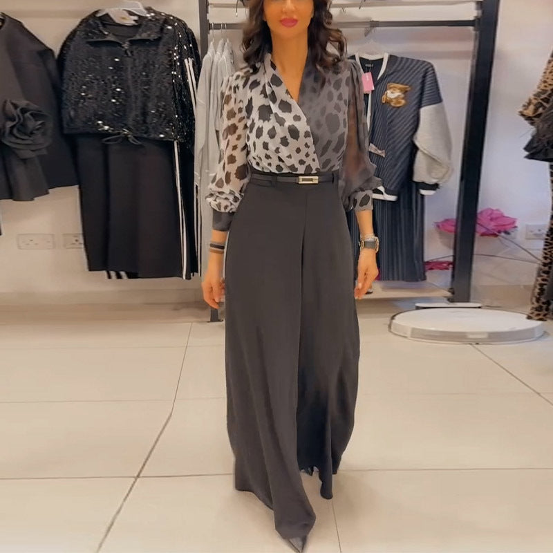 Women's Spring Elegant V-Neck Top Printed Wide Leg Pants Two Piece Set