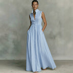 Light blue sleeveless maxi dress, button-front bodice, pleated skirt
