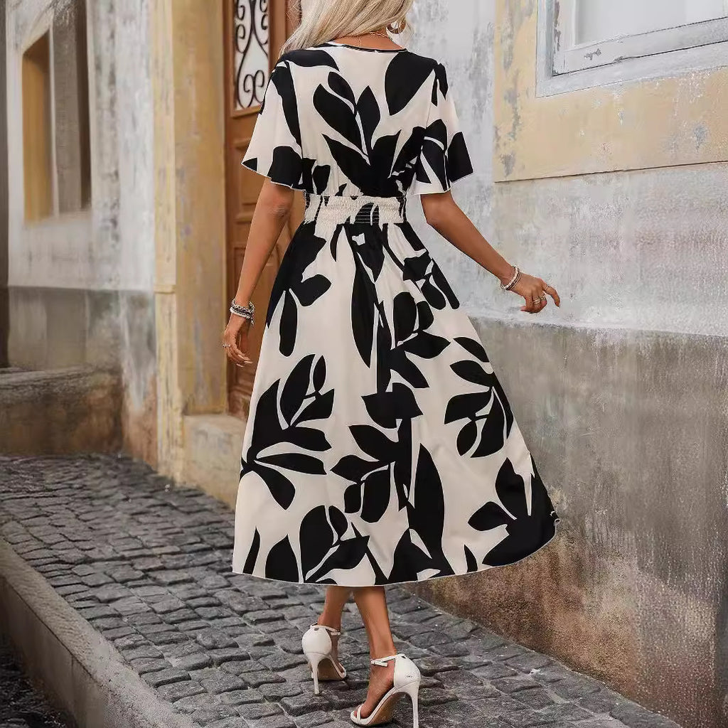 Floral Print Cross-Collar Slit Dress