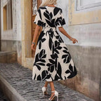 Floral Print Cross-Collar Slit Dress