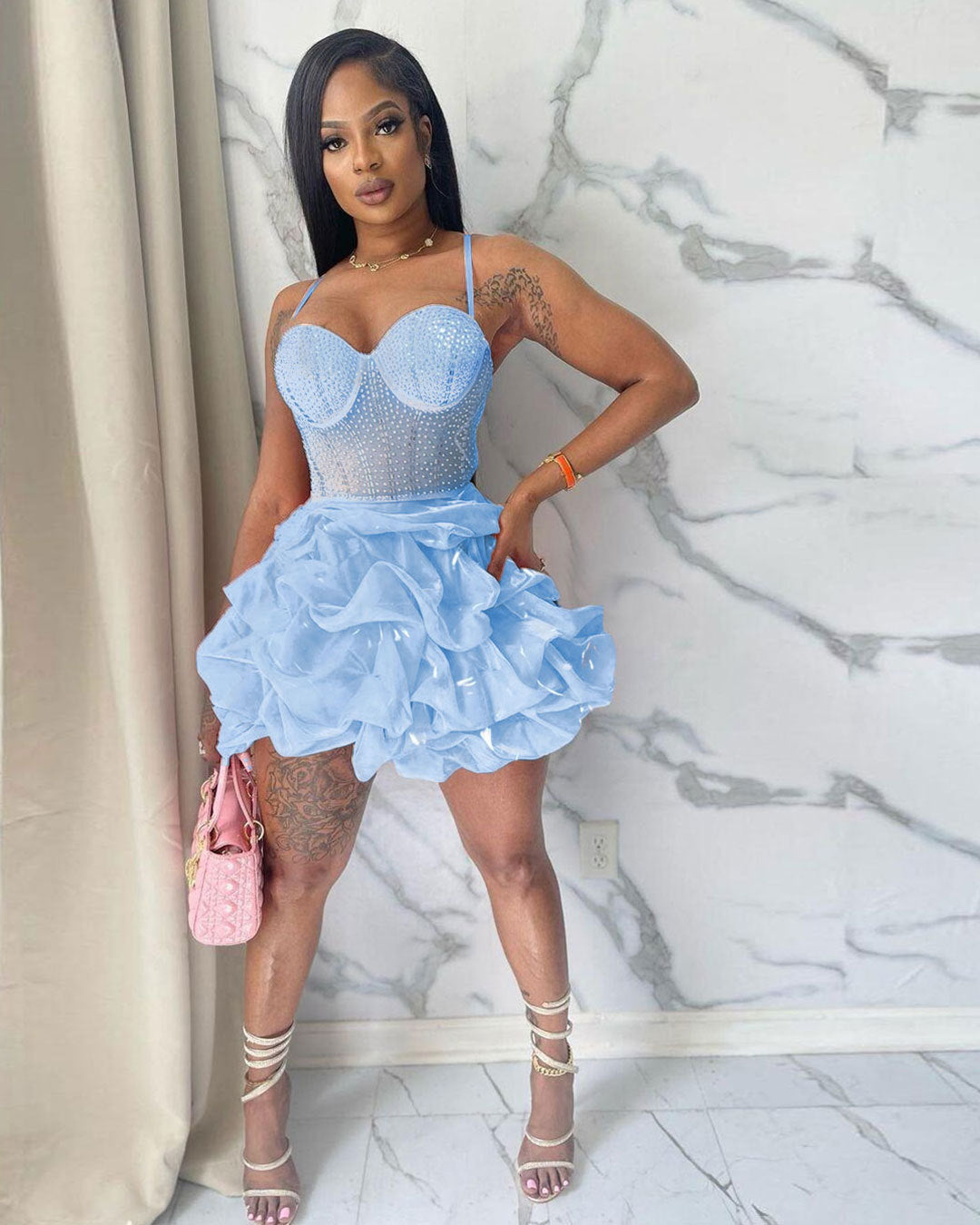 Women's Rhinestone Corset Tiered Cami Mini Dress