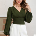 Women’s Army Green Ruffle V Neck Long Sleeve Top