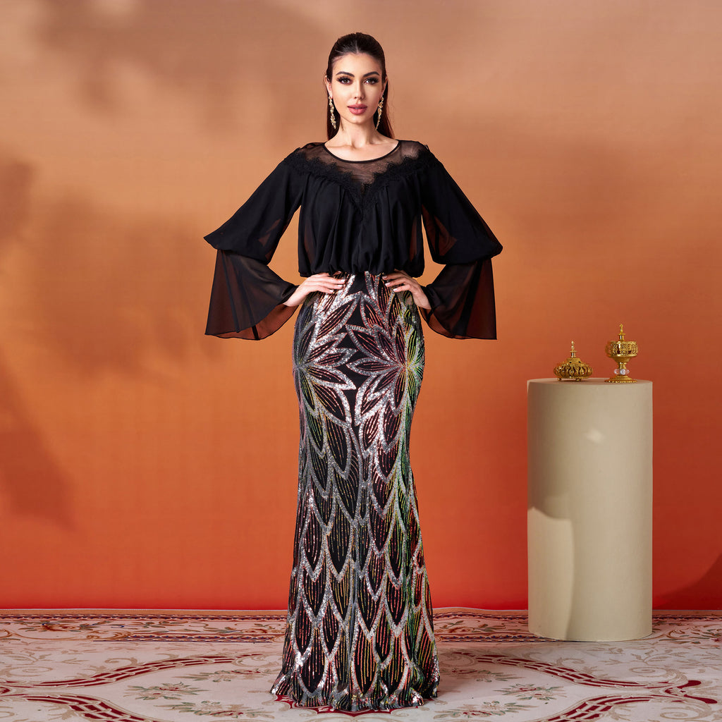 Women's Long Sleeved Round Neck Sheath Sequined Cocktail Fishtail Dress