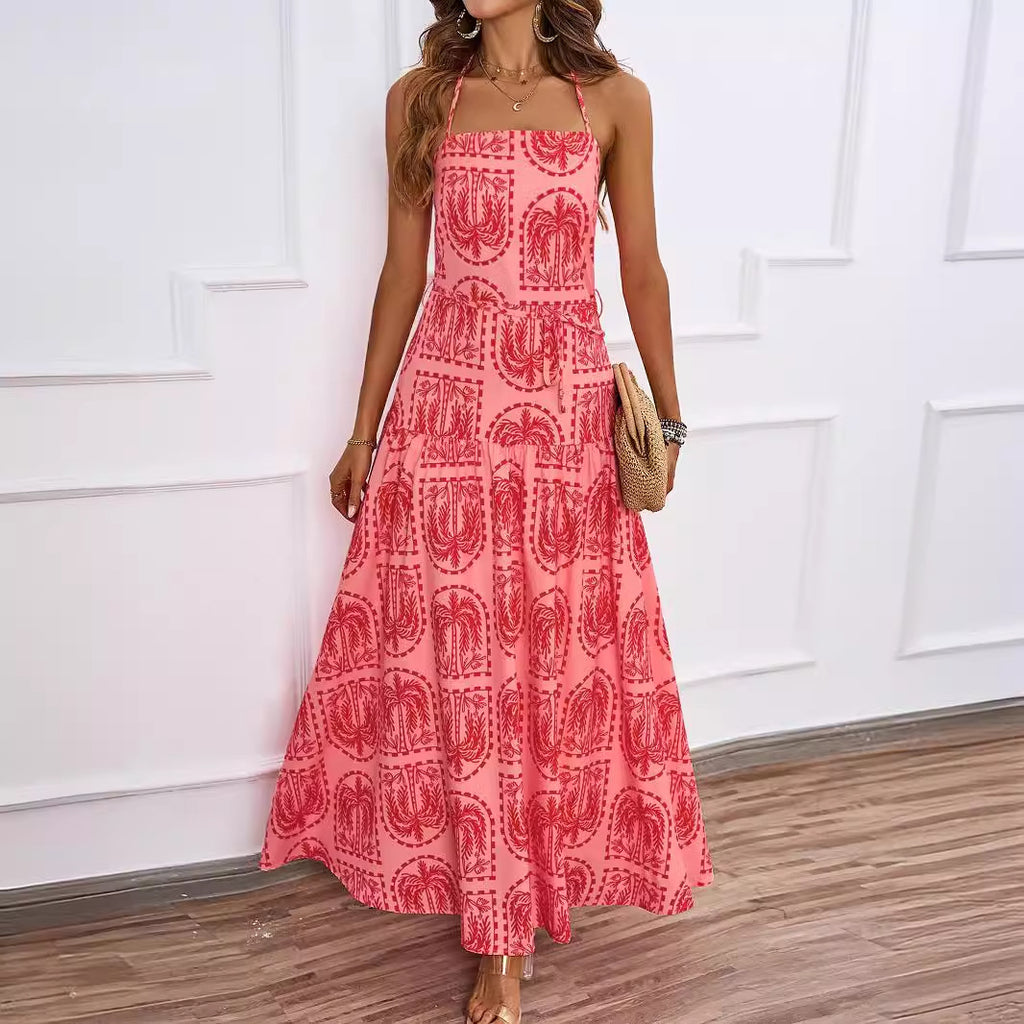 Women's Halter Tropical Belted Ruched Backless Dress