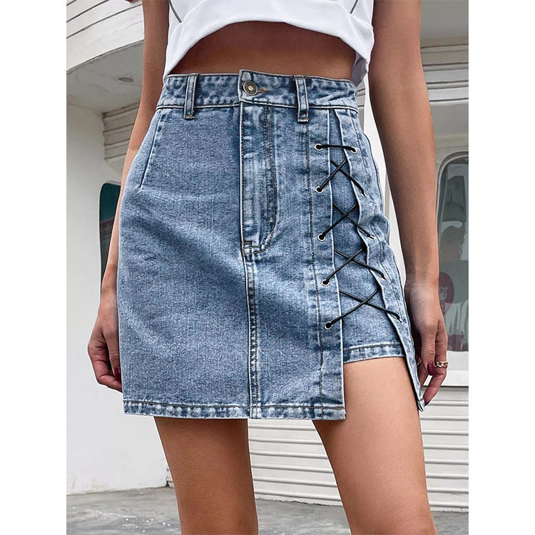 High Waist Denim Summer Lace Up Split Skirt