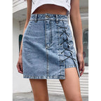 High Waist Denim Summer Lace Up Split Skirt