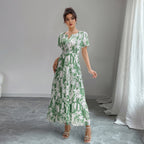 Puff-Sleeve V-Neck Holiday Dress