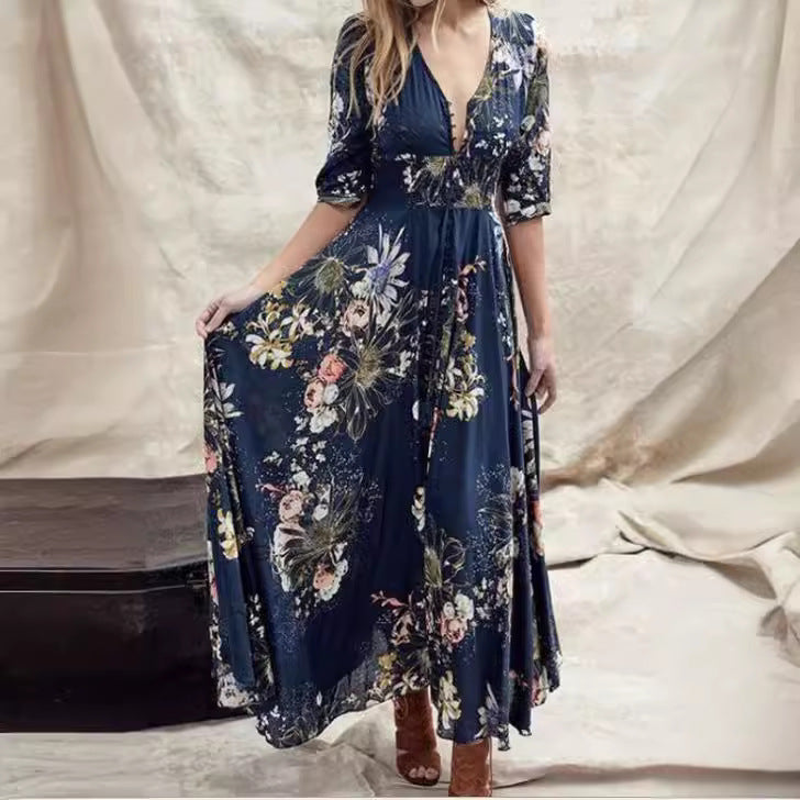 Summer Personalized Printing Design V-Neck Dress