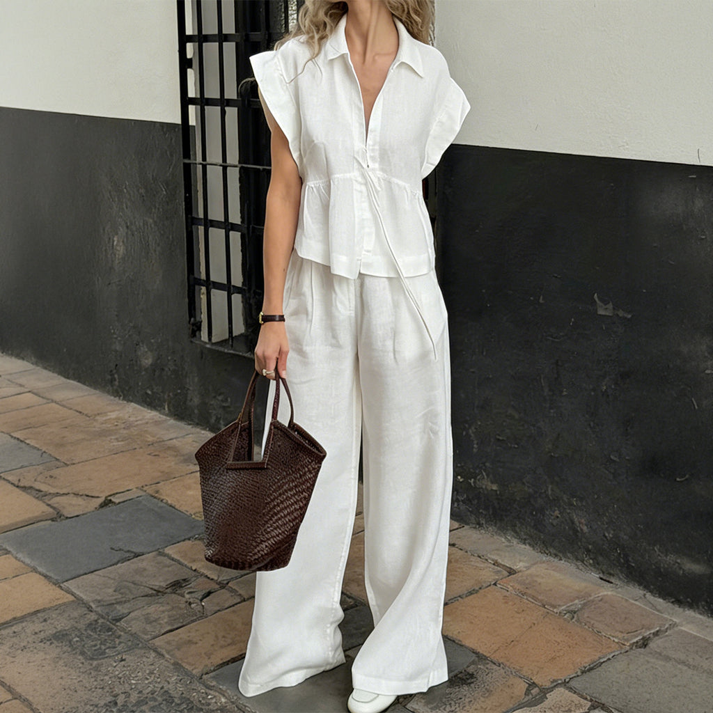 Women Clothing Summer French Vacation Linen Collared SL