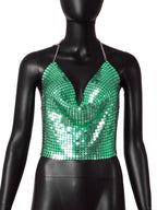 Low Cut Backless Metal Sequ Chain Strap Deep V Plunge Cropped