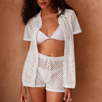 Beach Short Sleeved Cardigan Shorts Hollow Out Cutout out See through Casual Knitted Vacation Elegant Sun Protective Blouse Two Piece Sets