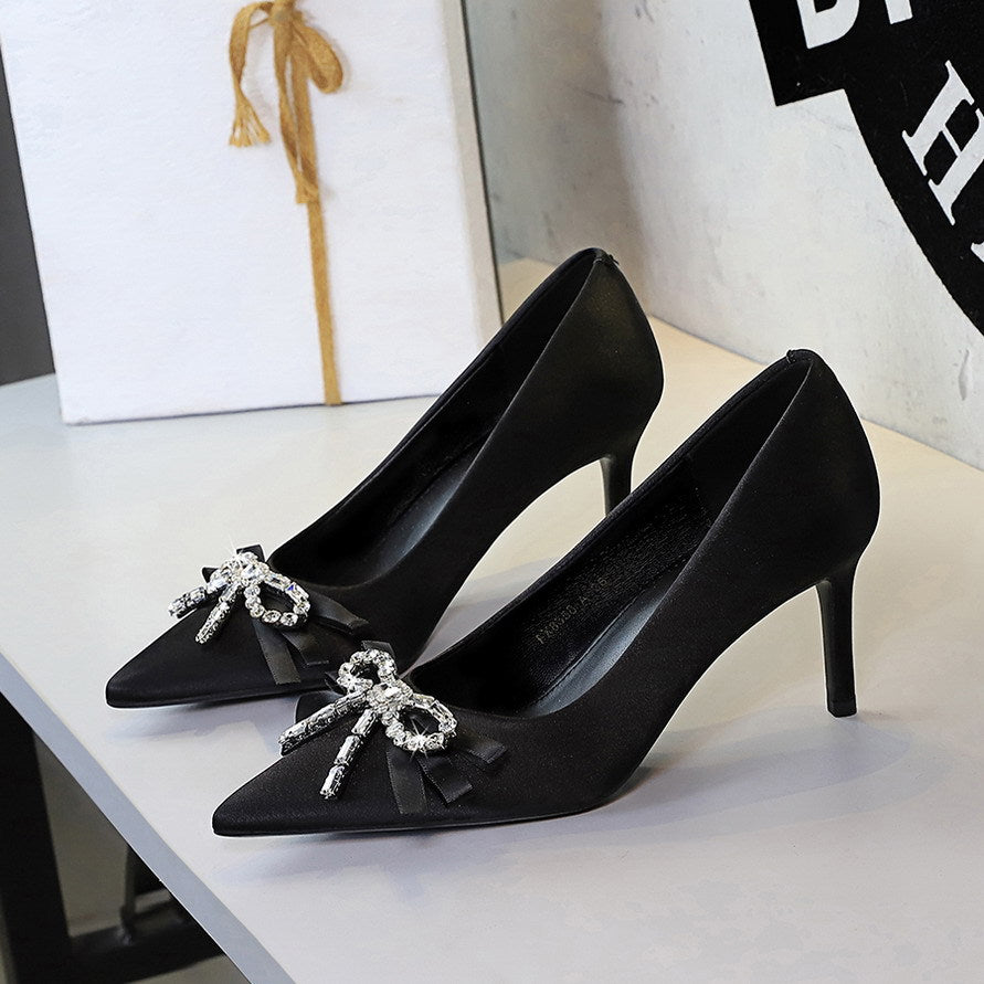 Women's Rhinestone Bow Satin Stiletto Heels