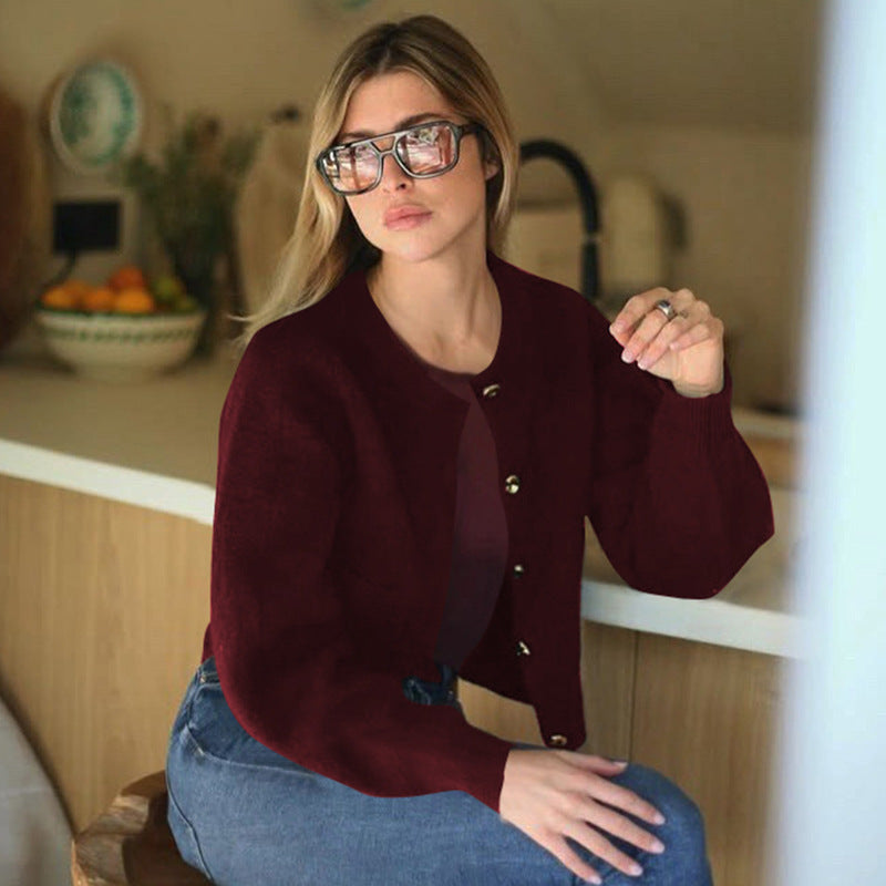 Autumn Winter round Neck Long Sleeve Buckle Cardigan Sweater