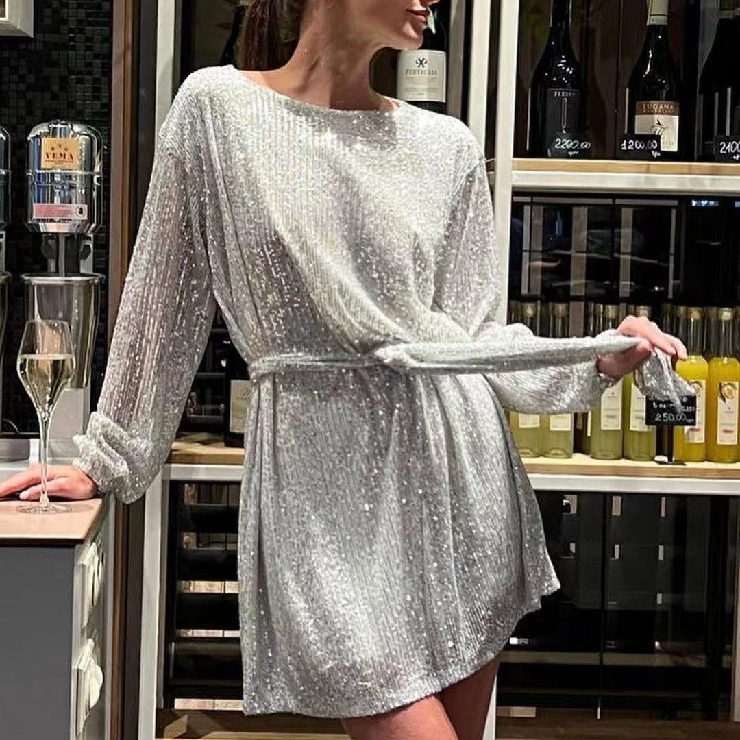 Sequin Belted Long-Sleeve A-Line Mini Dress