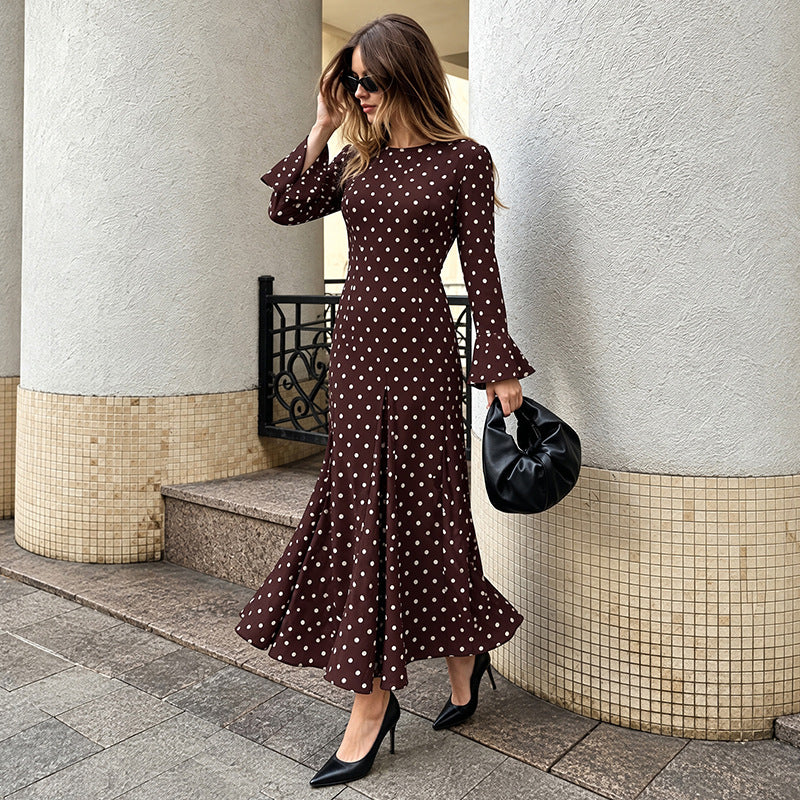 Fishtail Long Dress Autumn Office Waist Flared Long-Sleeve Polka Dot Dress