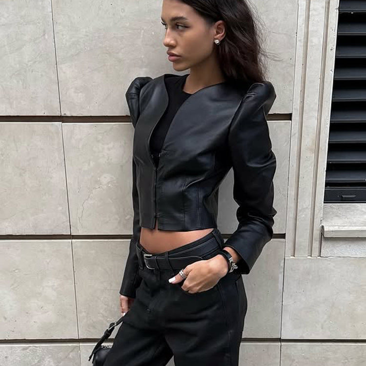 Women's Black Faux Leather V-Neck Fitted Shirt