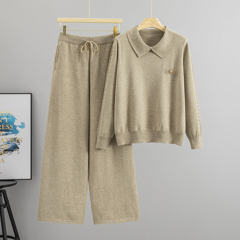 Women's Polo-Collar Sweater and Wide-Leg Pants Set