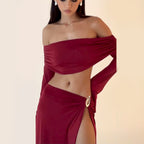 Women's Autumn Off Neck Long Coordinated Two-Piece Set
