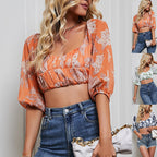 Women's Women Clothing V Neck Cropped Outfit Holiday Floral Print Chiffon Shirt Spring Summer