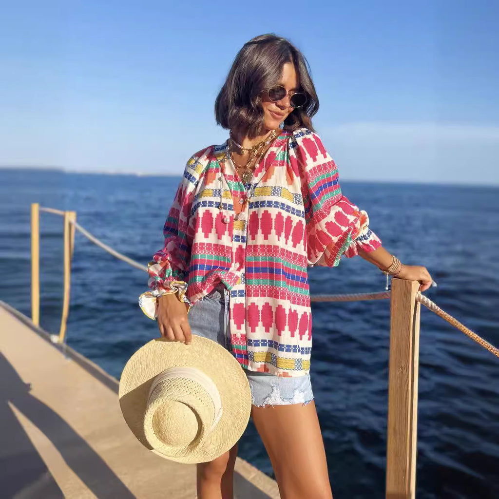 Women's Long Sleeve Shirt Autumn Internet Printed V Neck Long Sleeve Shirt Top