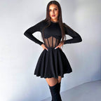 Sheer Mesh Boning Corset Mini Dress