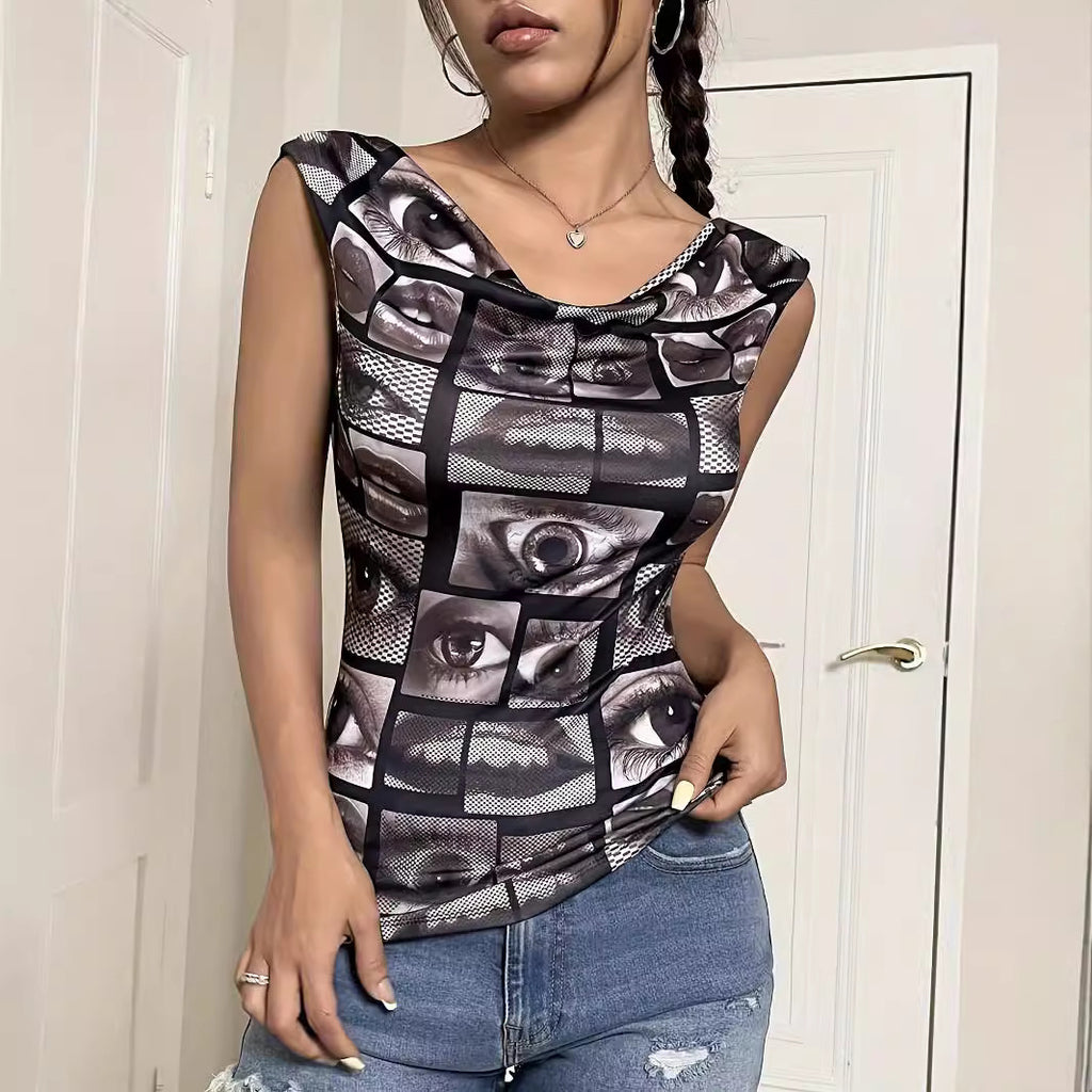Women's Summer Elegant Special Printed Hollow Out Cutout Backless Sleeveless T Shirt Slim Fit Slimming Top Women