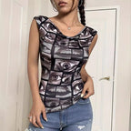 Women's Summer Elegant Special Printed Hollow Out Cutout Backless Sleeveless T Shirt Slim Fit Slimming Top Women