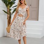 Women's V-Neck Floral Cutout Smocked Ruched A-Line Midi Dress