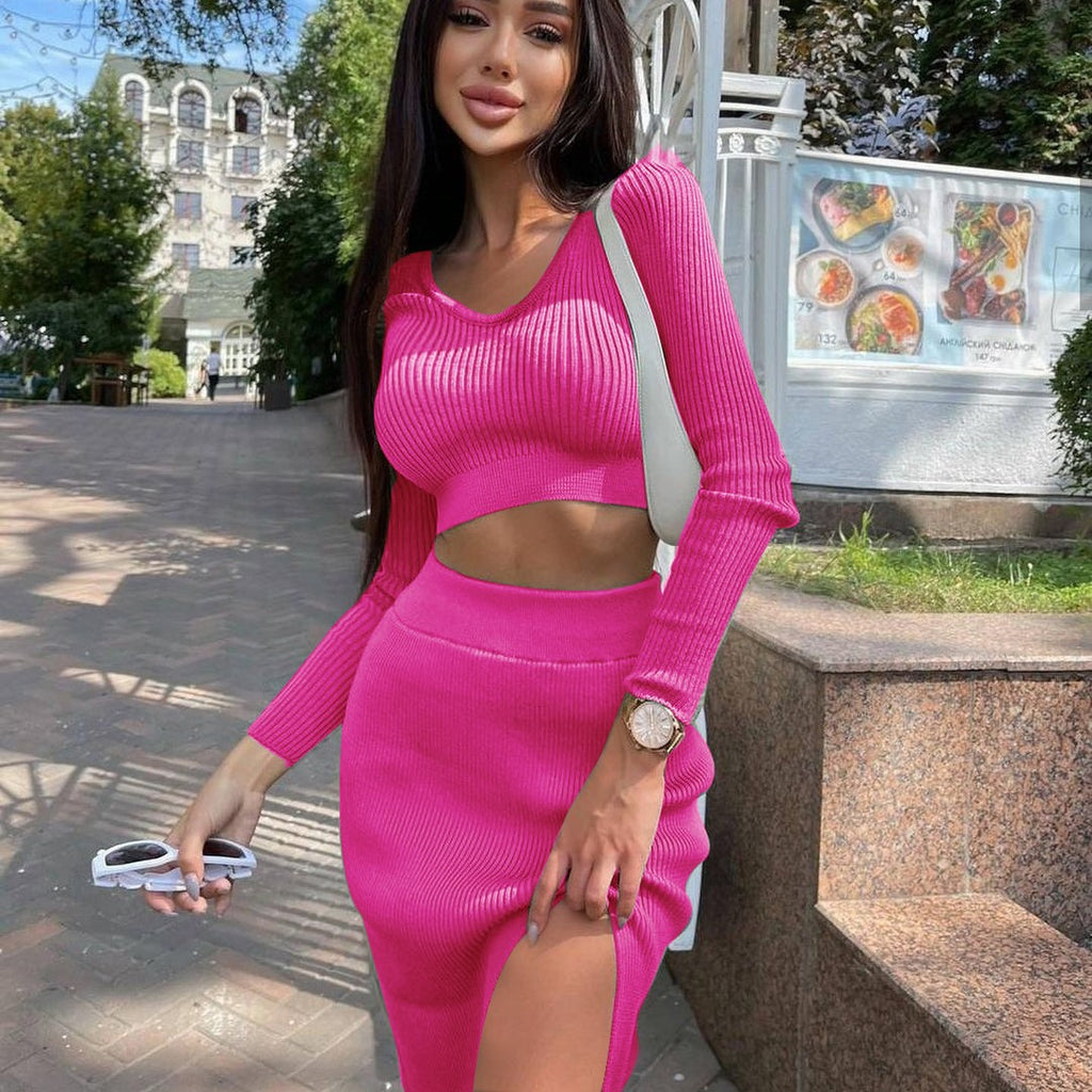 Autumn Winter Solid Color Long-Sleeve Split Maxi Dress Sweater Two-Piece Set